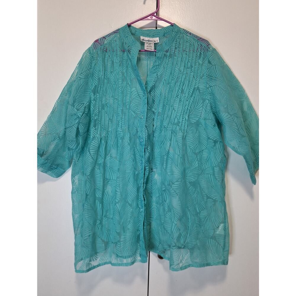 Denim 24/7 Teal Leaf Pattern Sheer Button Up Blouse Size 22W